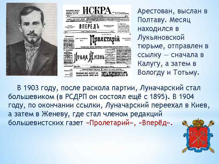 Арестован, выслан в Полтаву. Месяц находился в Лукьяновской тюрьме, отправлен в ссылку — сначала