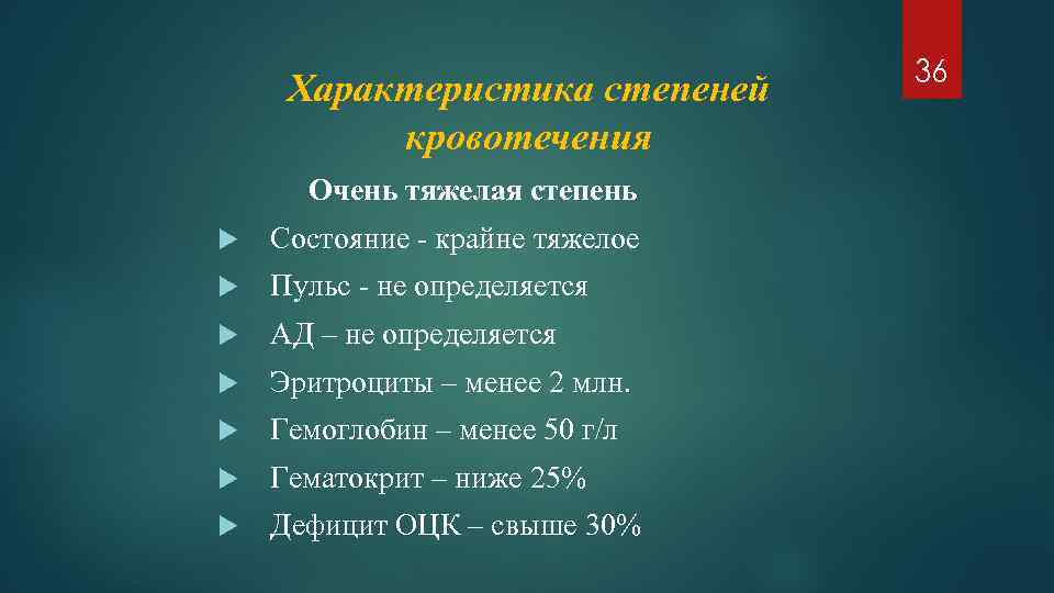 Характеристика степеней кровотечения Очень тяжелая степень Состояние - крайне тяжелое Пульс - не определяется