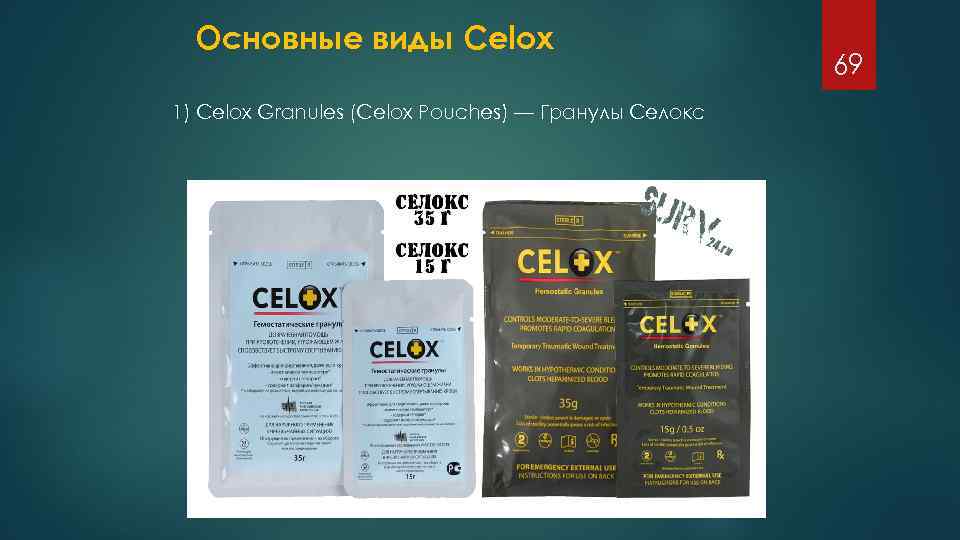 Основные виды Celox 1) Celox Granules (Celox Pouches) — Гранулы Селокс 69 