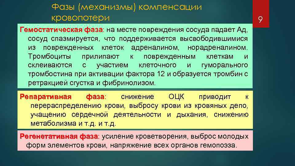 Фазы (механизмы) компенсации кровопотери Гемостатическая фаза: на месте повреждения сосуда падает Ад, сосуд спазмируется,