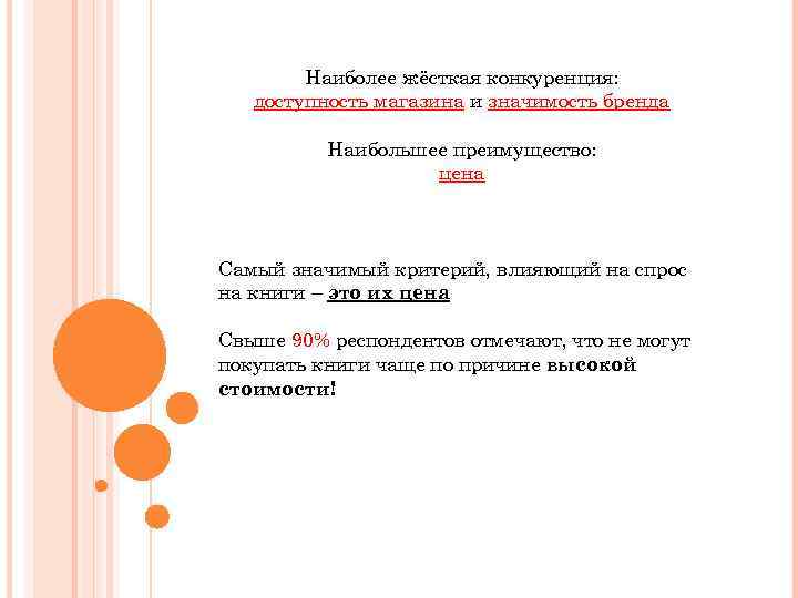 Наиболее жёсткая конкуренция: доступность магазина и значимость бренда Наибольшее преимущество: цена Самый значимый критерий,
