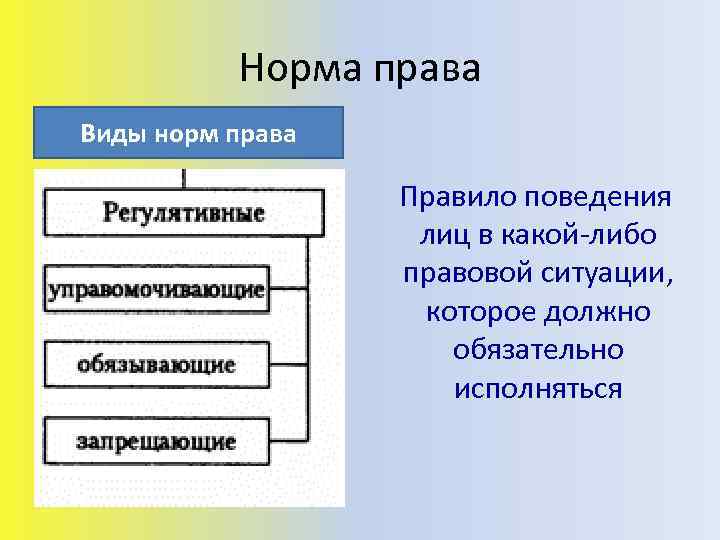 Норма права Виды норм права Правило поведения лиц в какой-либо правовой ситуации, которое должно