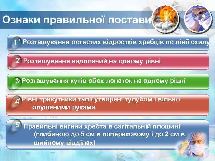 Ознаки правильної постави 1 Розташування остистих відростків хребців по лінії схилу 2 Розташування надплечий