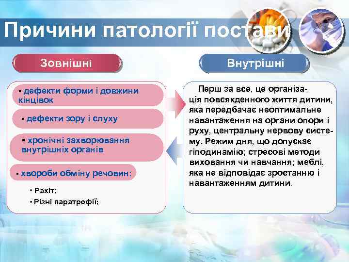 Причини патології постави Зовнішні § дефекти форми і довжини кінцівок § дефекти зору і