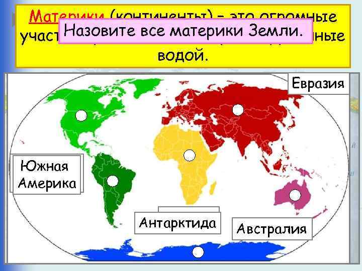 Материки (континенты) – это огромные Назовитетакое материк? Что все материки окружённые участки суши, со