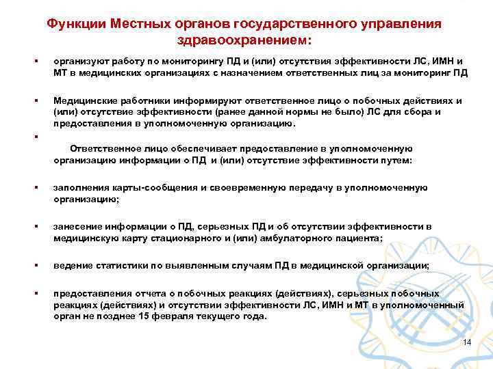 Функции Местных органов государственного управления здравоохранением: § организуют работу по мониторингу ПД и (или)