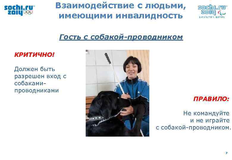 Взаимодействие с людьми, имеющими инвалидность Гость с собакой-проводником КРИТИЧНО! Должен быть разрешен вход с