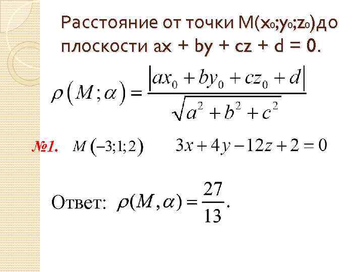 Расстояние от точки М(x 0; y 0; z 0)до плоскости ax + by +