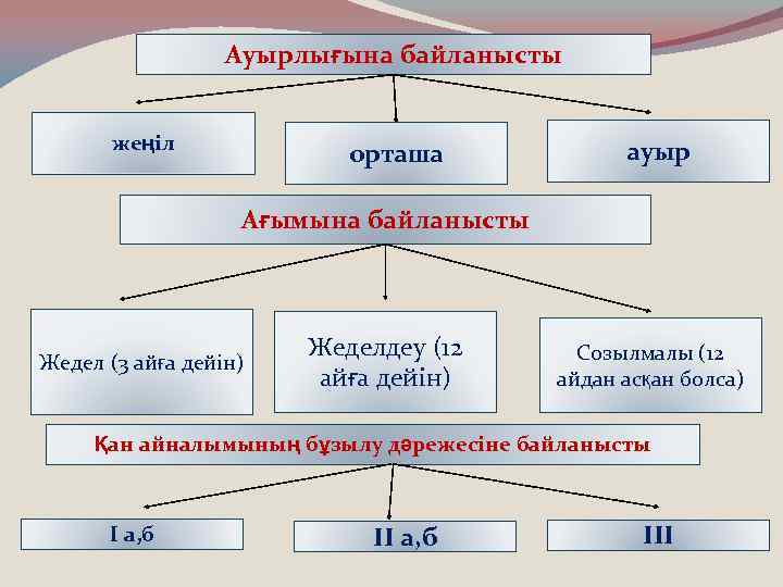 Ауырлығына байланысты жеңіл орташа ауыр Ағымына байланысты Жедел (3 айға дейін) Жеделдеу (12 айға