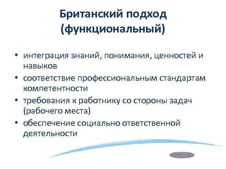 Британский подход (функциональный) • интеграция знаний, понимания, ценностей и навыков • соответствие профессиональным стандартам