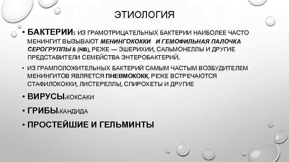 ЭТИОЛОГИЯ • БАКТЕРИИ: ИЗ ГРАМОТРИЦАТЕЛЬНЫХ БАКТЕРИИ НАИБОЛЕЕ ЧАСТО МЕНИНГИТ ВЫЗЫВАЮТ МЕНИНГОКОККИ И ГЕМОФИЛЬНАЯ ПАЛОЧКА