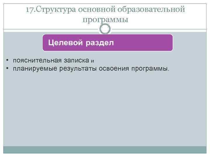 17. Структура основной образовательной программы • пояснительная записка и • планируемые результаты освоения программы.