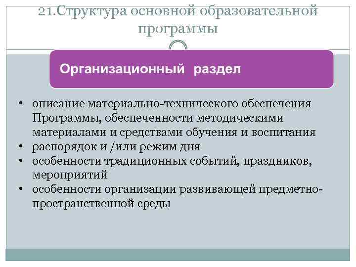 21. Структура основной образовательной программы • описание материально-технического обеспечения Программы, обеспеченности методическими материалами и