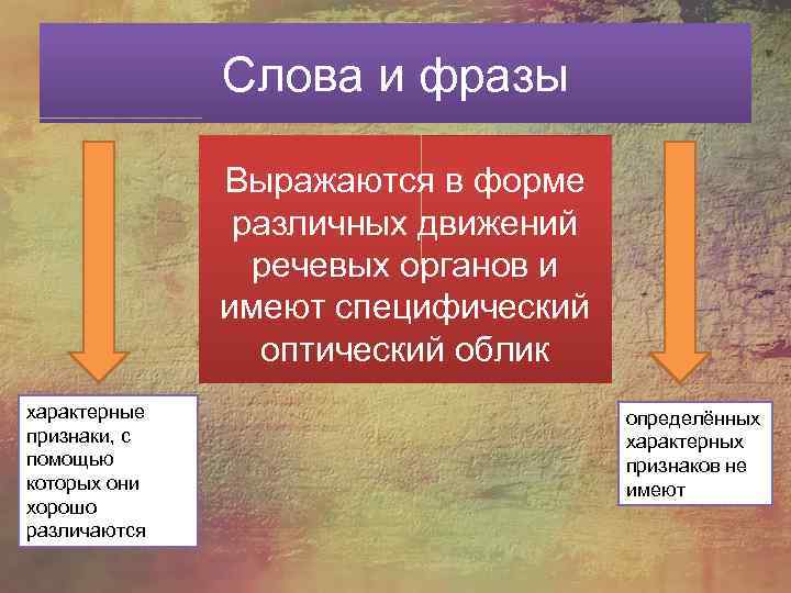 Слова и фразы Выражаются в форме различных движений речевых органов и имеют специфический оптический