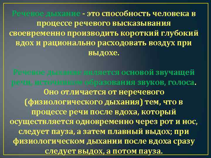 Речевое дыхание - это способность человека в процессе речевого высказывания своевременно производить короткий глубокий