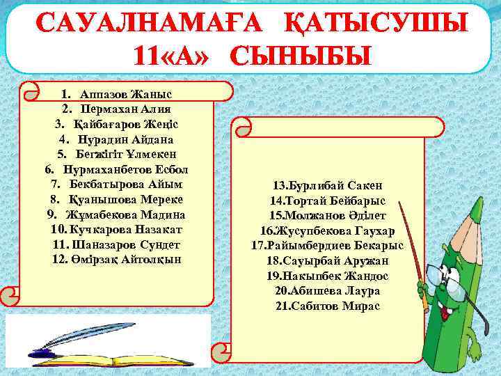 САУАЛНАМАҒА ҚАТЫСУШЫ 11 «А» СЫНЫБЫ 1. Аппазов Жаныс 2. Пермахан Алия 3. Қайбағаров Жеңіс