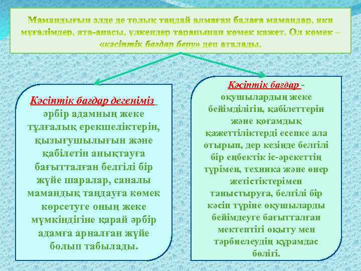 Кәсіптік бағдар дегеніміз әрбір адамның жеке тұлғалық ерекшеліктерін, қызығушылығын және қабілетін анықтауға бағытталған белгілі