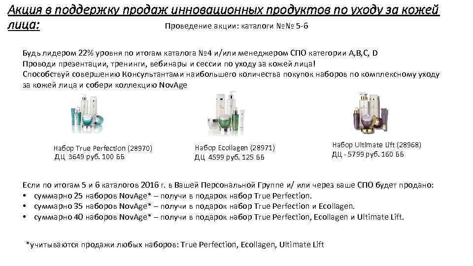 Акция в поддержку продаж инновационных продуктов по уходу за кожей Проведение акции: каталоги №№