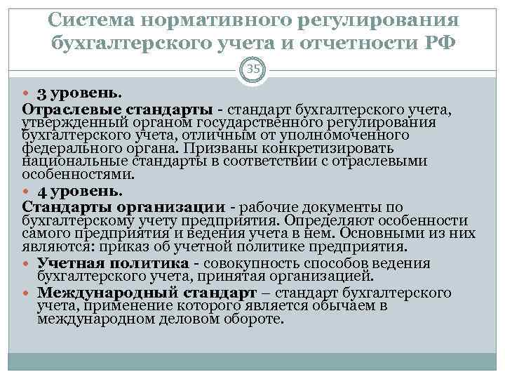 Система нормативного регулирования бухгалтерского учета и отчетности РФ 35 3 уровень. Отраслевые стандарты -