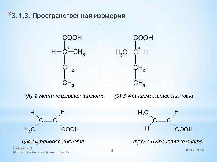  *3. 1. 3. Пространственная изомерия (R)-2 -метилмасляная кислота (S)-2 -метилмасляная кислота цис-бутеновая кислота