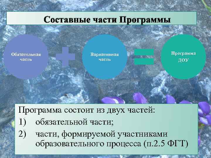 Составные части Программы Обязательная часть Вариативная часть Программа ДОУ Программа состоит из двух частей: