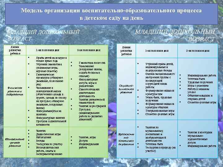 Модель организации воспитательно-образовательного процесса в детском саду на день МЛАДШИЙ ДОШКОЛЬНЫЙ ВОЗРАСТ Линии развития