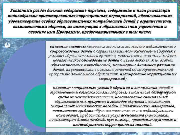 Указанный раздел должен содержать перечень, содержание и план реализации индивидуально ориентированных коррекционных мероприятий, обеспечивающих
