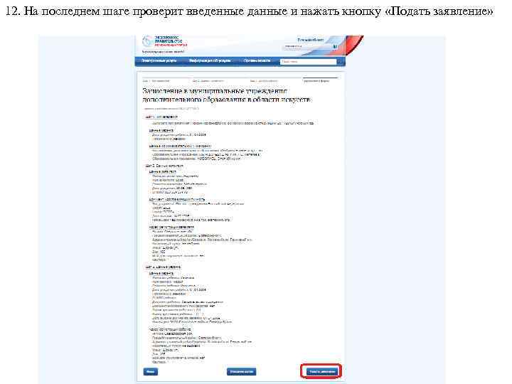 12. На последнем шаге проверит введенные данные и нажать кнопку «Подать заявление» 