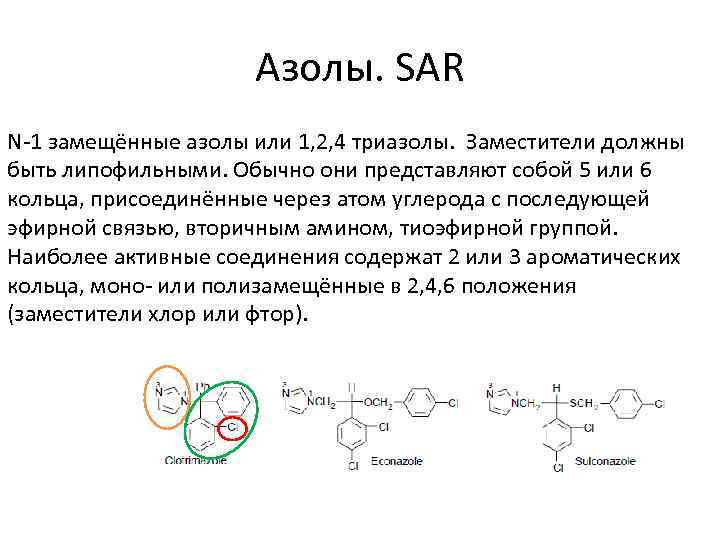 Азолы. SAR N-1 замещённые азолы или 1, 2, 4 триазолы. Заместители должны быть липофильными.