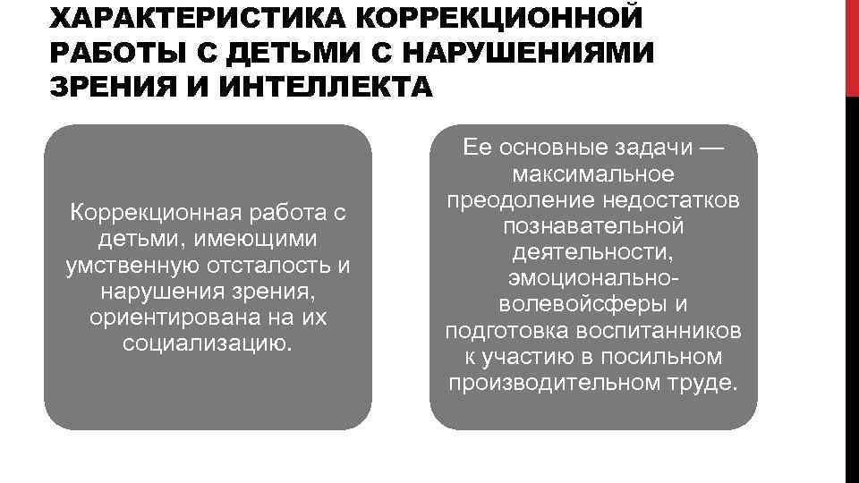 ХАРАКТЕРИСТИКА КОРРЕКЦИОННОЙ РАБОТЫ С ДЕТЬМИ С НАРУШЕНИЯМИ ЗРЕНИЯ И ИНТЕЛЛЕКТА Коррекционная работа с детьми,