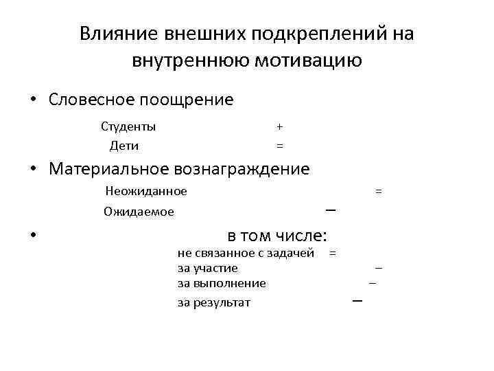 Влияние внешних подкреплений на внутреннюю мотивацию • Словесное поощрение Студенты Дети + = •