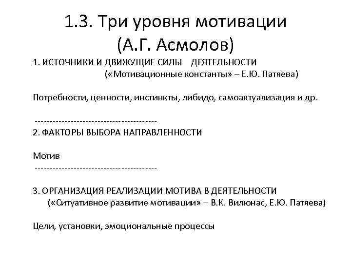 1. 3. Три уровня мотивации (А. Г. Асмолов) 1. ИСТОЧНИКИ И ДВИЖУЩИЕ СИЛЫ ДЕЯТЕЛЬНОСТИ