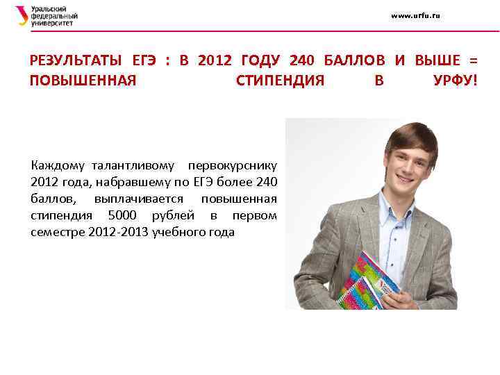 www. urfu. ru РЕЗУЛЬТАТЫ ЕГЭ : В 2012 ГОДУ 240 БАЛЛОВ И ВЫШЕ =