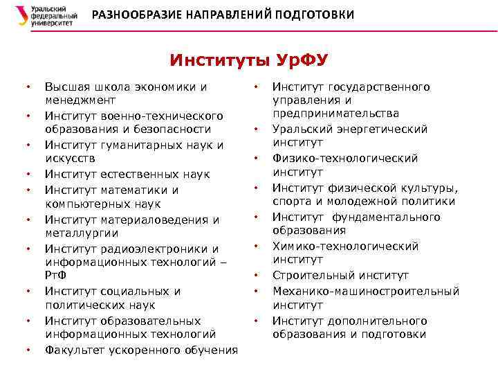 РАЗНООБРАЗИЕ НАПРАВЛЕНИЙ ПОДГОТОВКИ Институты Ур. ФУ • • • Высшая школа экономики и менеджмент