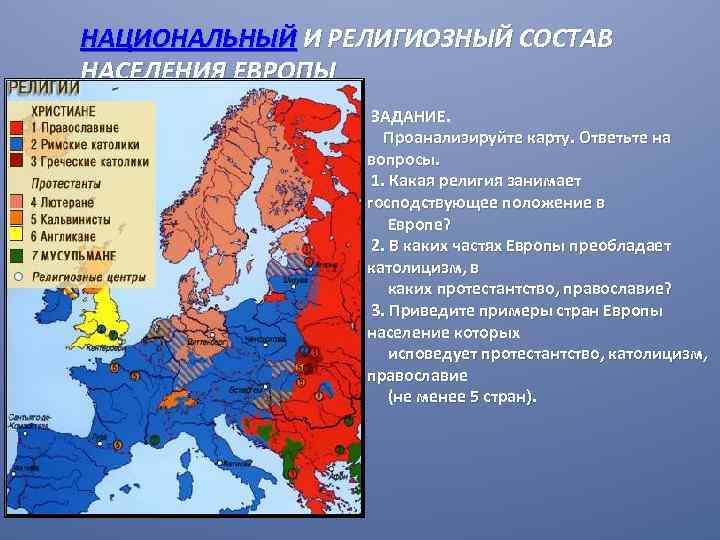 НАЦИОНАЛЬНЫЙ И РЕЛИГИОЗНЫЙ СОСТАВ НАСЕЛЕНИЯ ЕВРОПЫ ЗАДАНИЕ. Проанализируйте карту. Ответьте на вопросы. 1. Какая