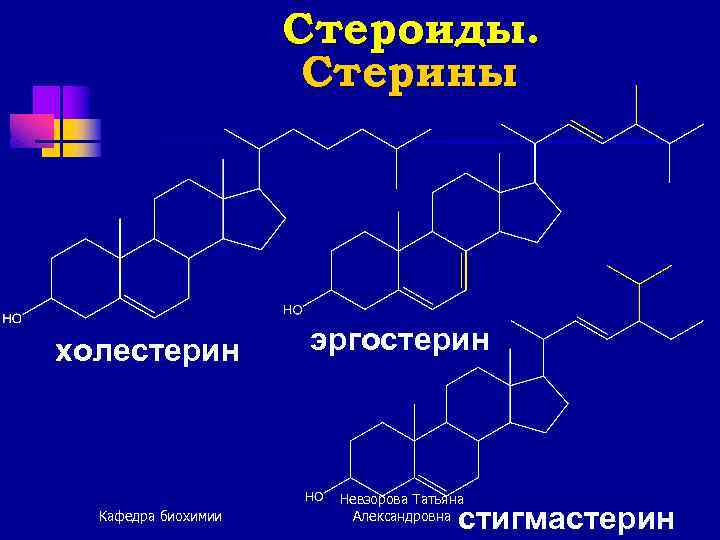 Стероиды. Стерины холестерин Кафедра биохимии эргостерин Невзорова Татьяна Александровна стигмастерин 