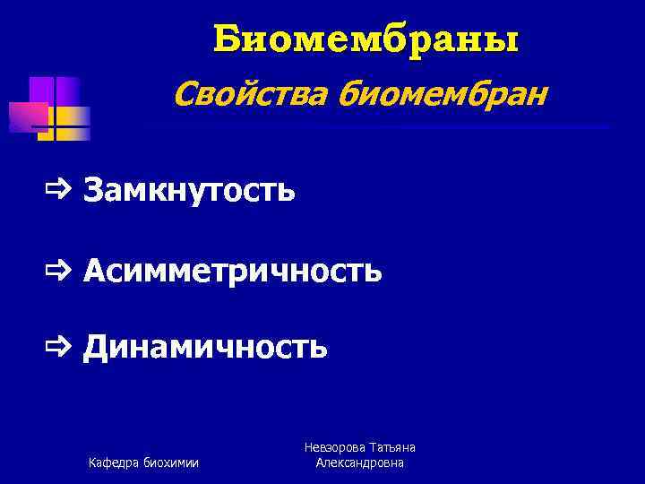 Биомембраны Свойства биомембран Замкнутость Асимметричность Динамичность Кафедра биохимии Невзорова Татьяна Александровна 