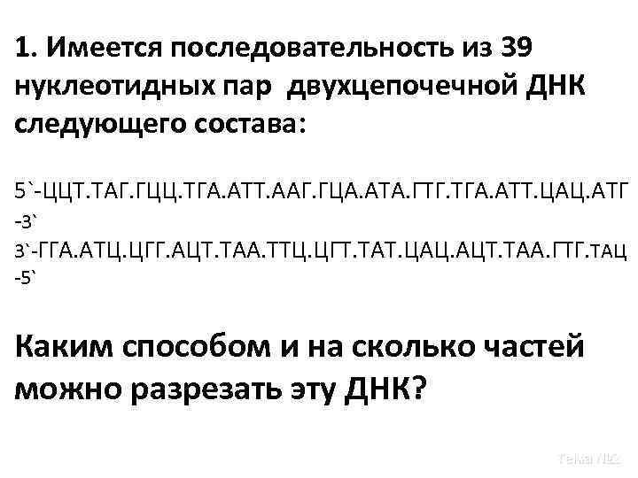 1. Имеется последовательность из 39 нуклеотидных пар двухцепочечной ДНК следующего состава: 5`-ЦЦТ. ТАГ. ГЦЦ.