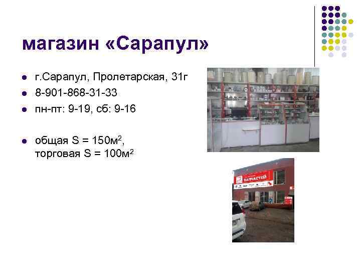 магазин «Сарапул» l l г. Сарапул, Пролетарская, 31 г 8 -901 -868 -31 -33