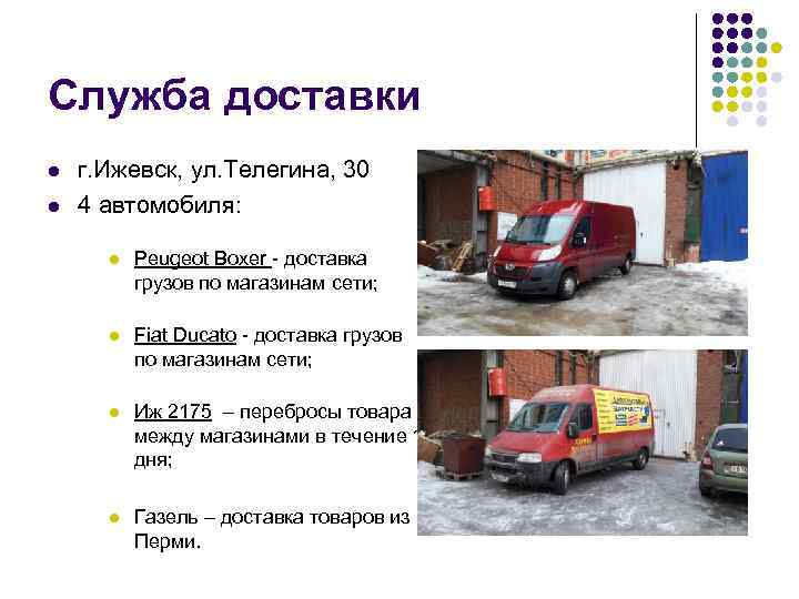Служба доставки l l г. Ижевск, ул. Телегина, 30 4 автомобиля: l Peugeot Boxer