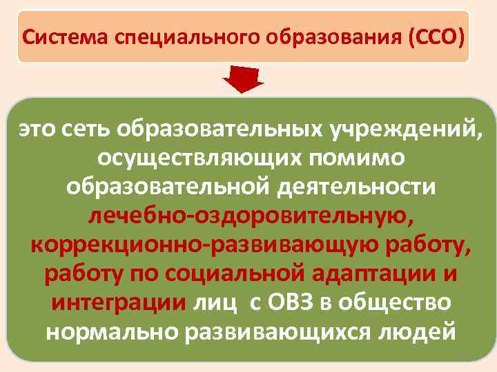 Система специального образования (ССО) это сеть образовательных учреждений, осуществляющих помимо образовательной деятельности лечебно-оздоровительную, коррекционно-развивающую