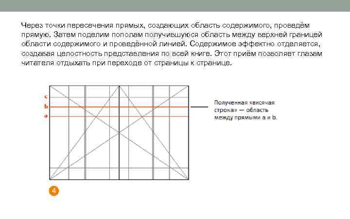 Через точки пересечения прямых, создающих область содержимого, проведём прямую. Затем поделим пополам получившуюся область