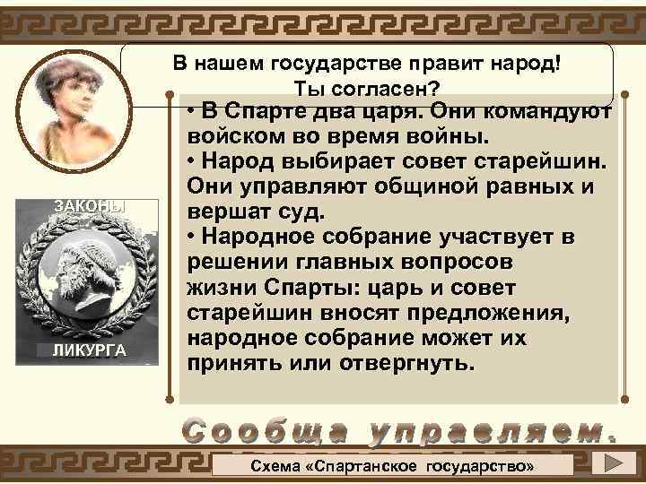 В нашем государстве правит народ! Ты согласен? ЗАКОНЫ ЛИКУРГА • В Спарте два царя.