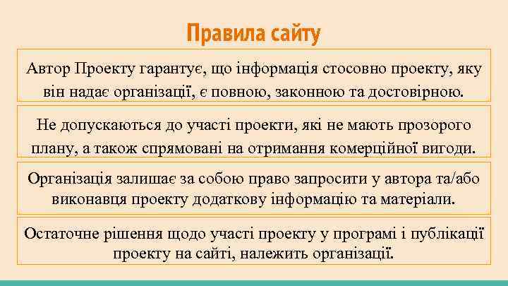 Правила сайту Автор Проекту гарантує, що інформація стосовно проекту, яку він надає організації, є