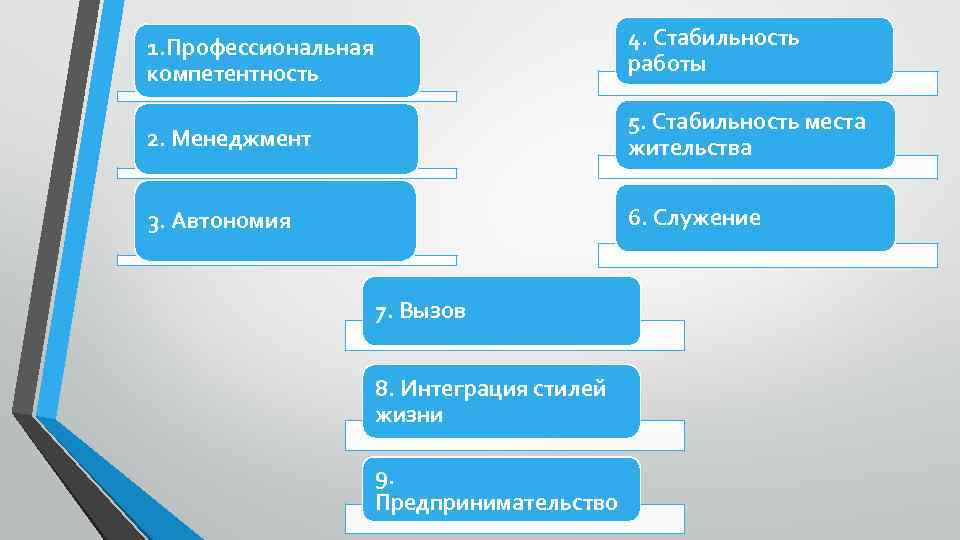 1. Профессиональная компетентность 4. Стабильность работы 2. Менеджмент 5. Стабильность места жительства 3. Автономия