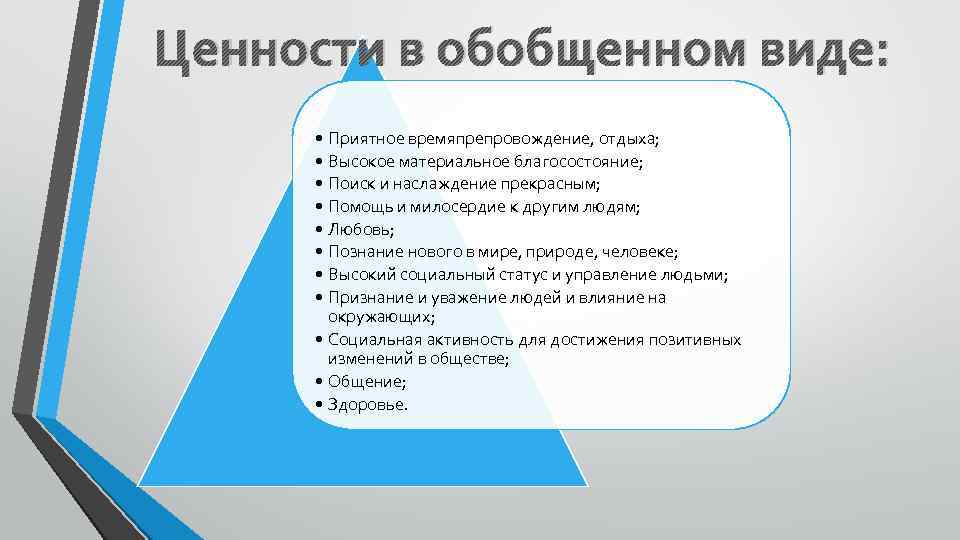 Ценности в обобщенном виде: • Приятное времяпрепровождение, отдыха; • Высокое материальное благосостояние; • Поиск