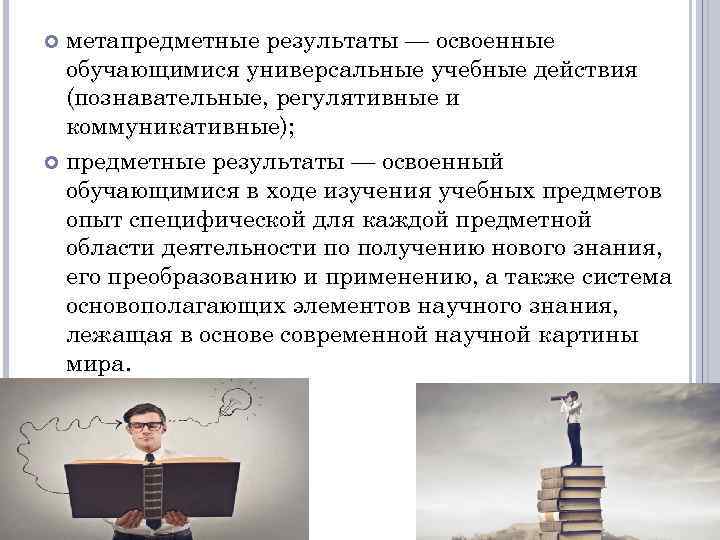 метапредметные результаты — освоенные обучающимися универсальные учебные действия (познавательные, регулятивные и коммуникативные); предметные результаты