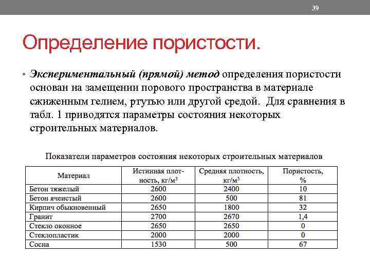 39 Определение пористости. • Экспериментальный (прямой) метод определения пористости основан на замещении порового пространства