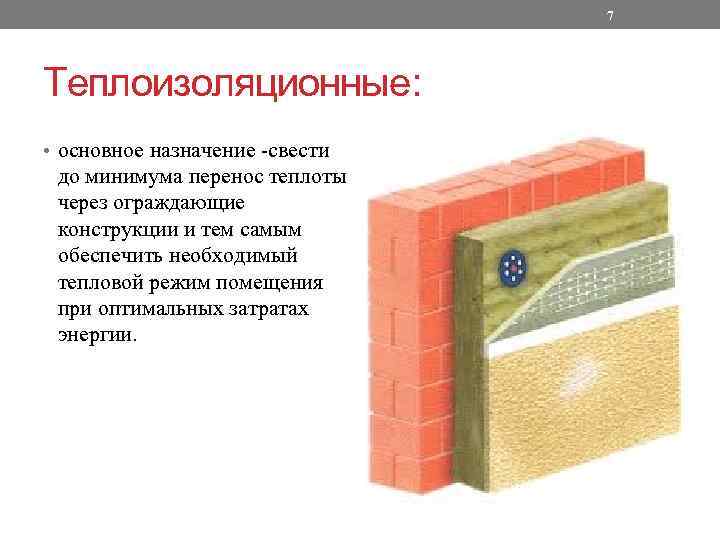 7 Теплоизоляционные: • основное назначение -свести до минимума перенос теплоты через ограждающие конструкции и