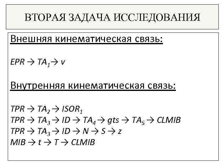 ВТОРАЯ ЗАДАЧА ИССЛЕДОВАНИЯ Внешняя кинематическая связь: EPR → TA 1→ v Внутренняя кинематическая связь: